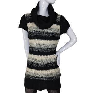 Guilty Sweater Top Size Large Striped Black and Beige Cowl Neck Short Sleeve